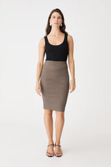Safira Pencil Skirt in Walnut, front view worn with a black sleeveless top
