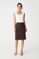 Soho Scoop Neck Top in Cloud, front view worn tucked into a brown midi skirt