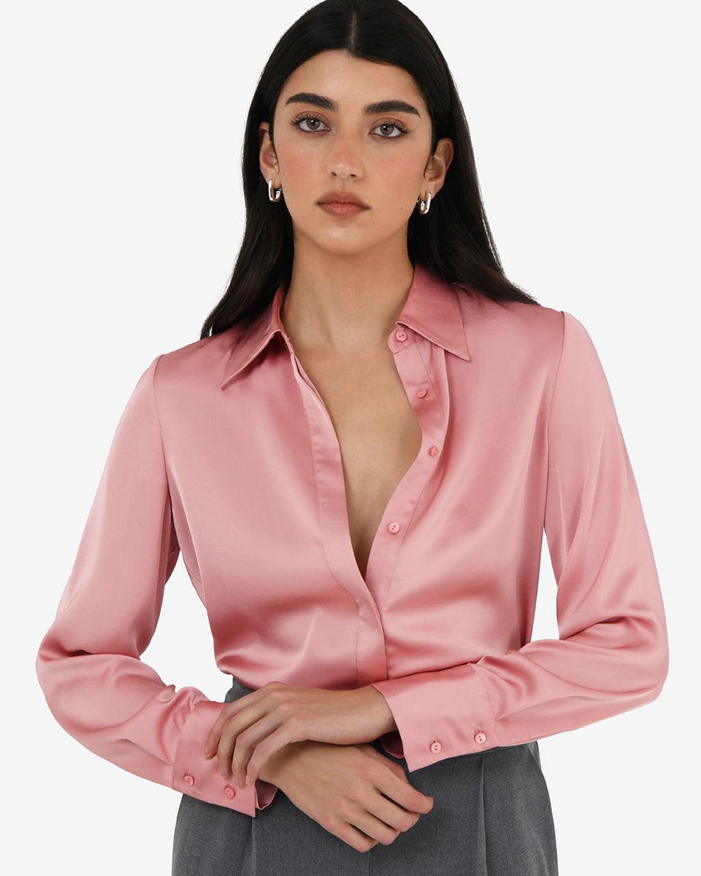 Mae Satin Shirt in rouge pink — close-up view