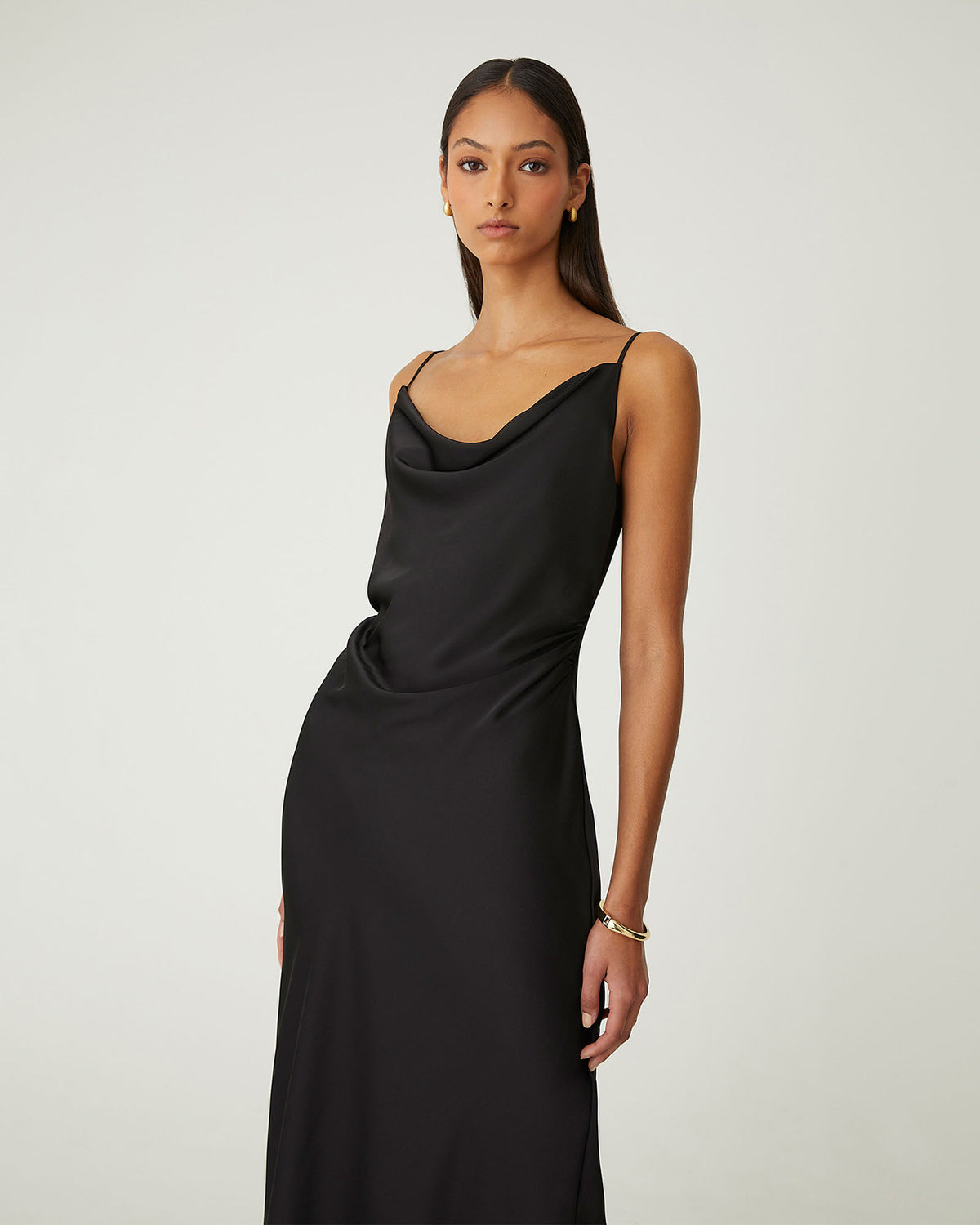 Mae Side Ruched Satin Dress in black — close-up view