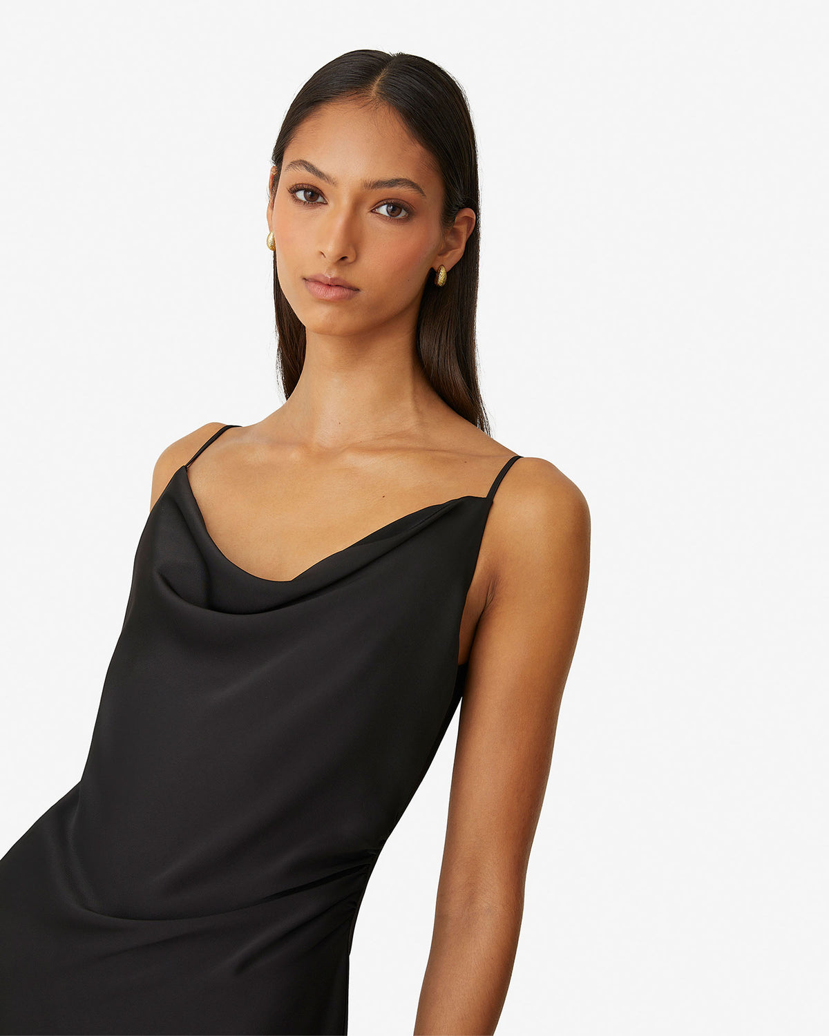 Mae Side Ruched Satin Dress in black — fabric detail