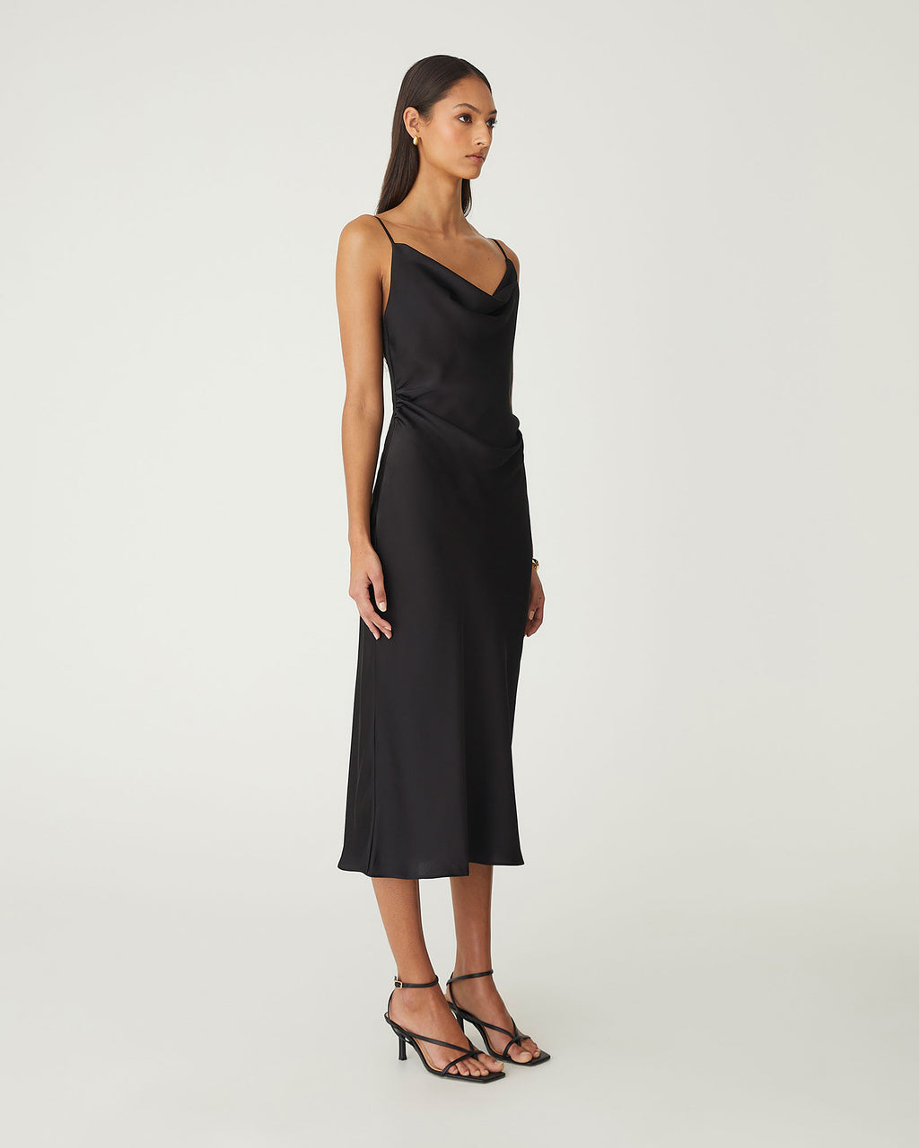 Mae Side Ruched Satin Dress in black — side view