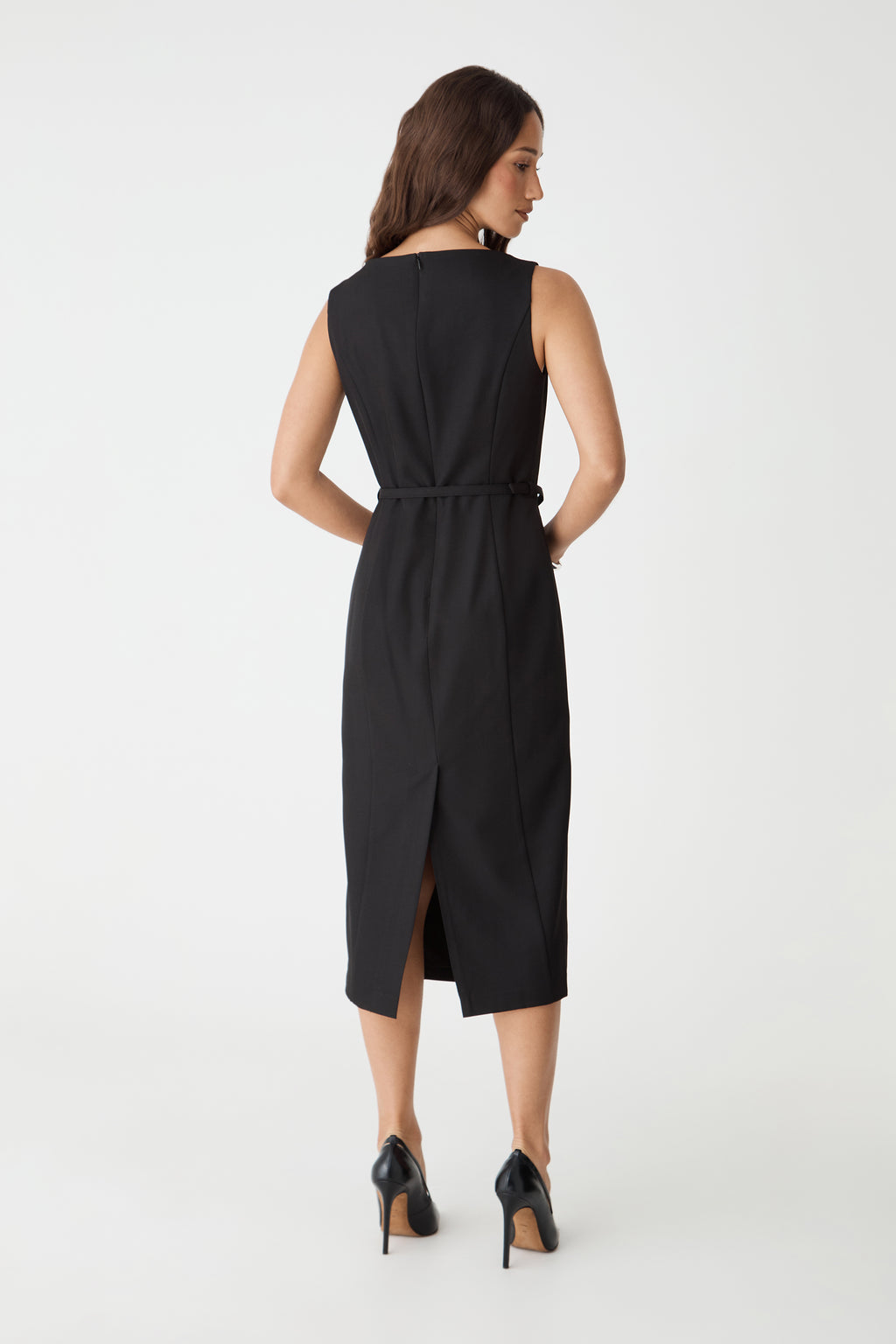 Back view of the black Mila Pencil Midi Dress with centre-back zip and back vent