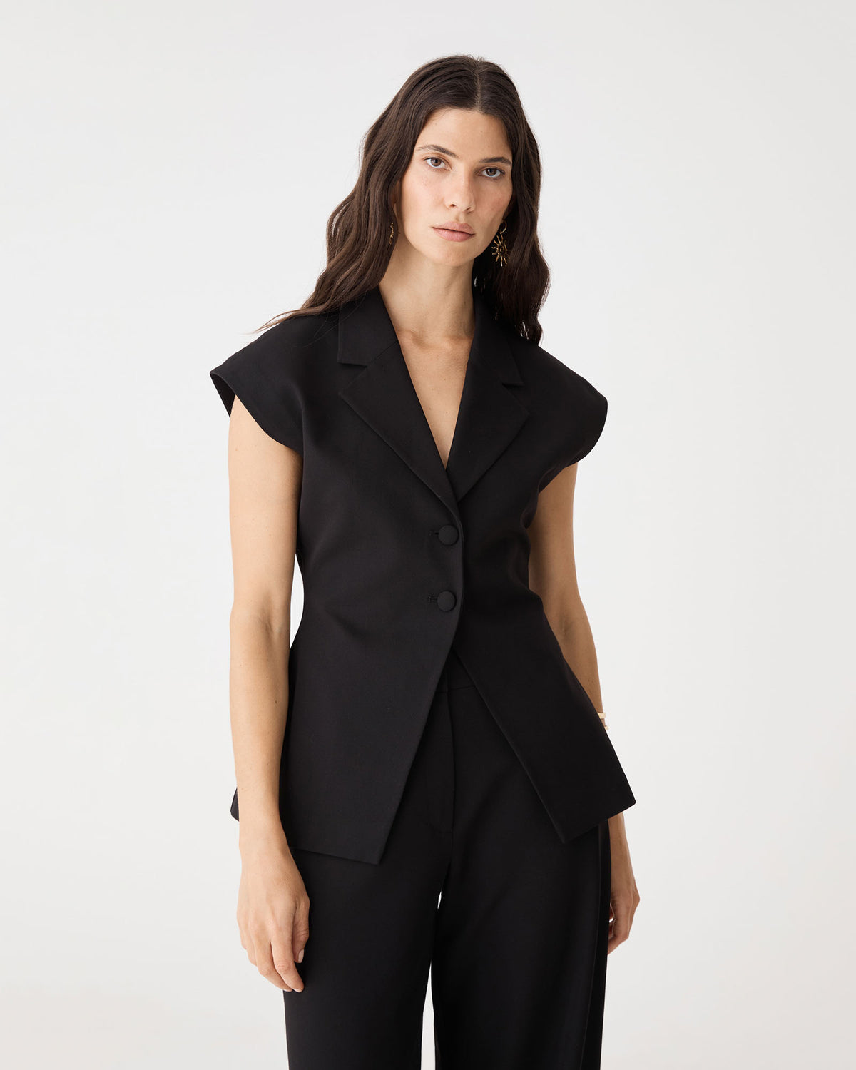 Close-up front view of notch lapels and two-button closure on the black blazer