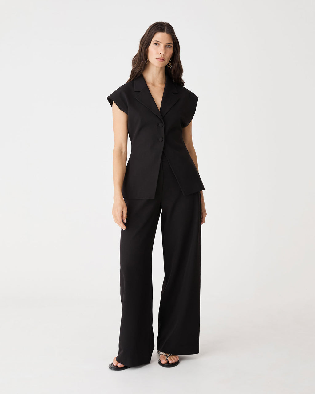Milton Short Sleeve Blazer in black, front view worn with matching wide leg pants