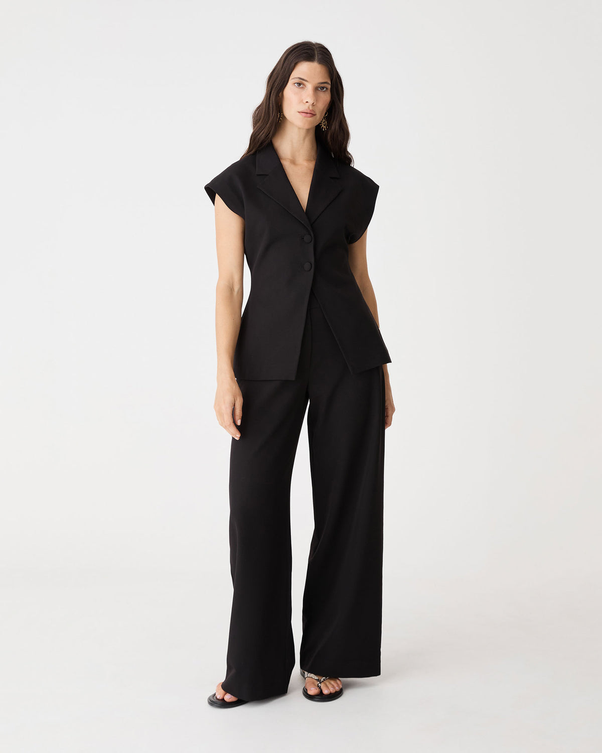 Milton Short Sleeve Blazer in black, front view worn with matching wide leg pants
