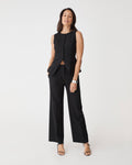 Nikki Tailored Pants in black, front view worn with matching black vest and heeled sandals