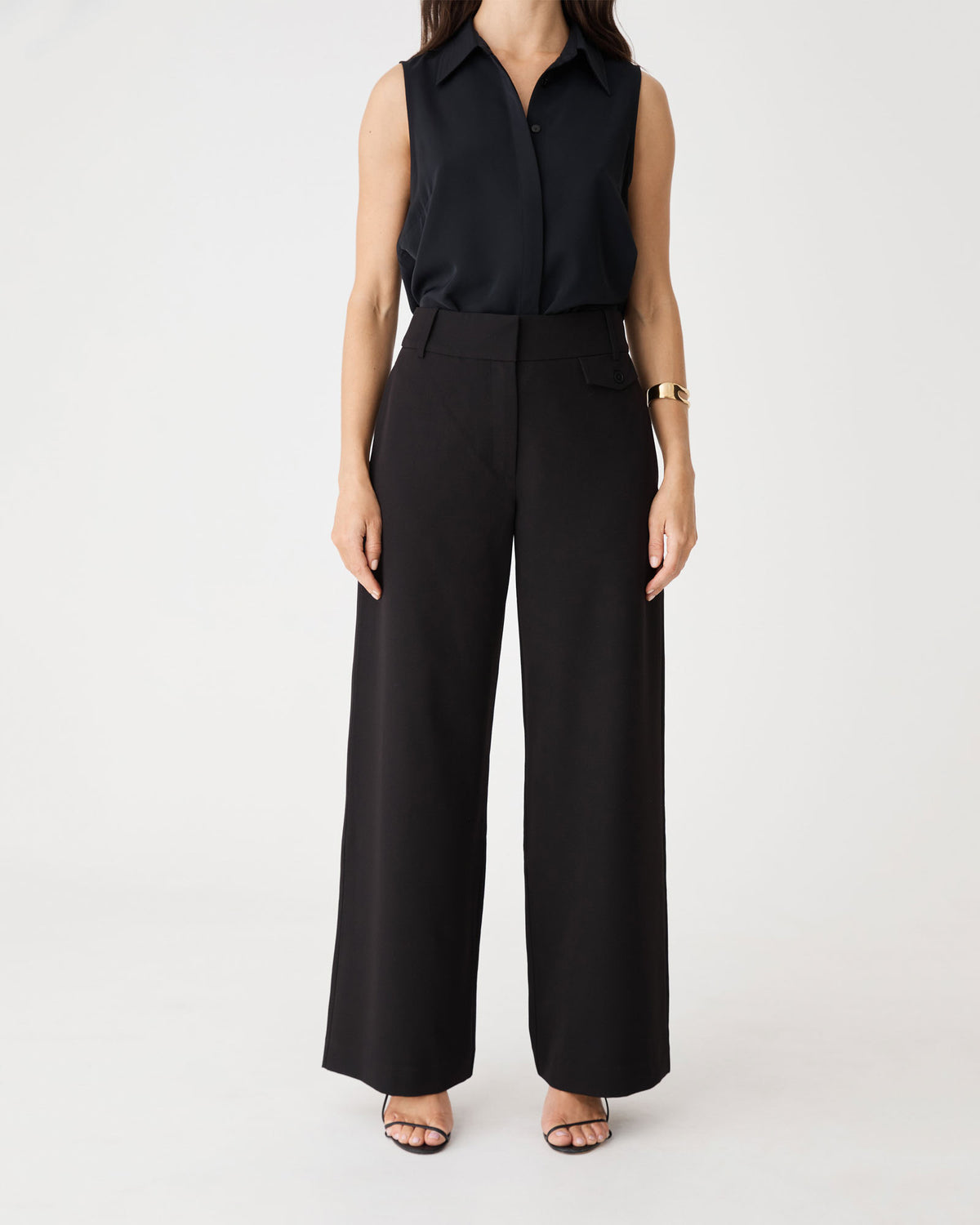 Front view of the black Milton Wide Leg Pants, straight wide-leg silhouette