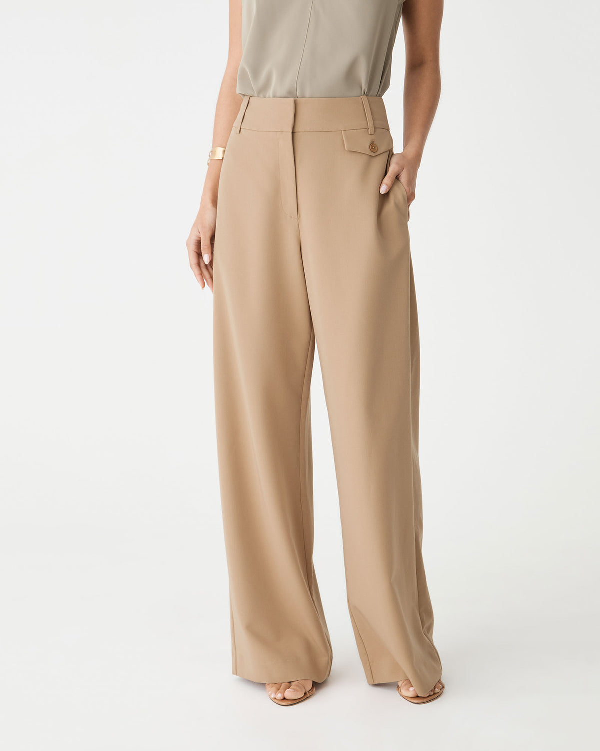 Front close-up of the camel wide-leg pants showing waistband and pocket flaps