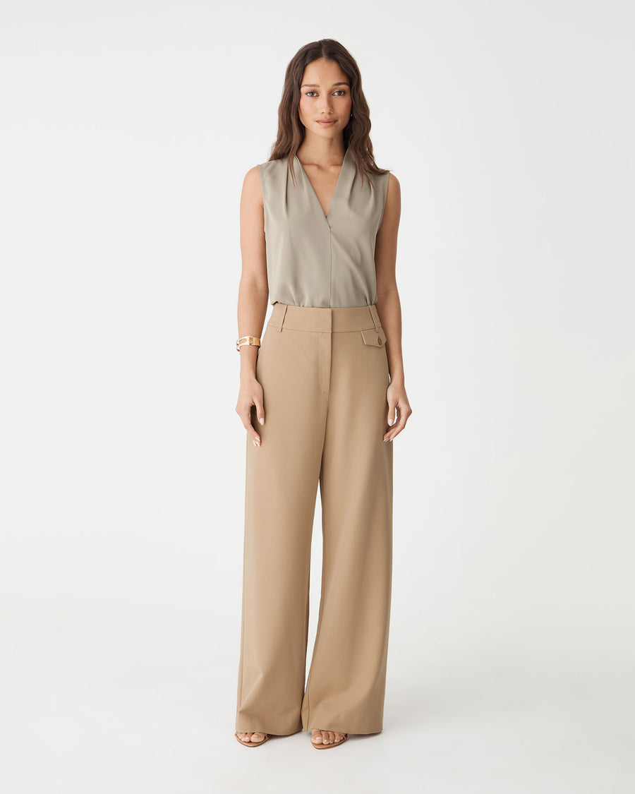 Milton Wide Leg Pants in camel, front view worn with a sleeveless taupe top