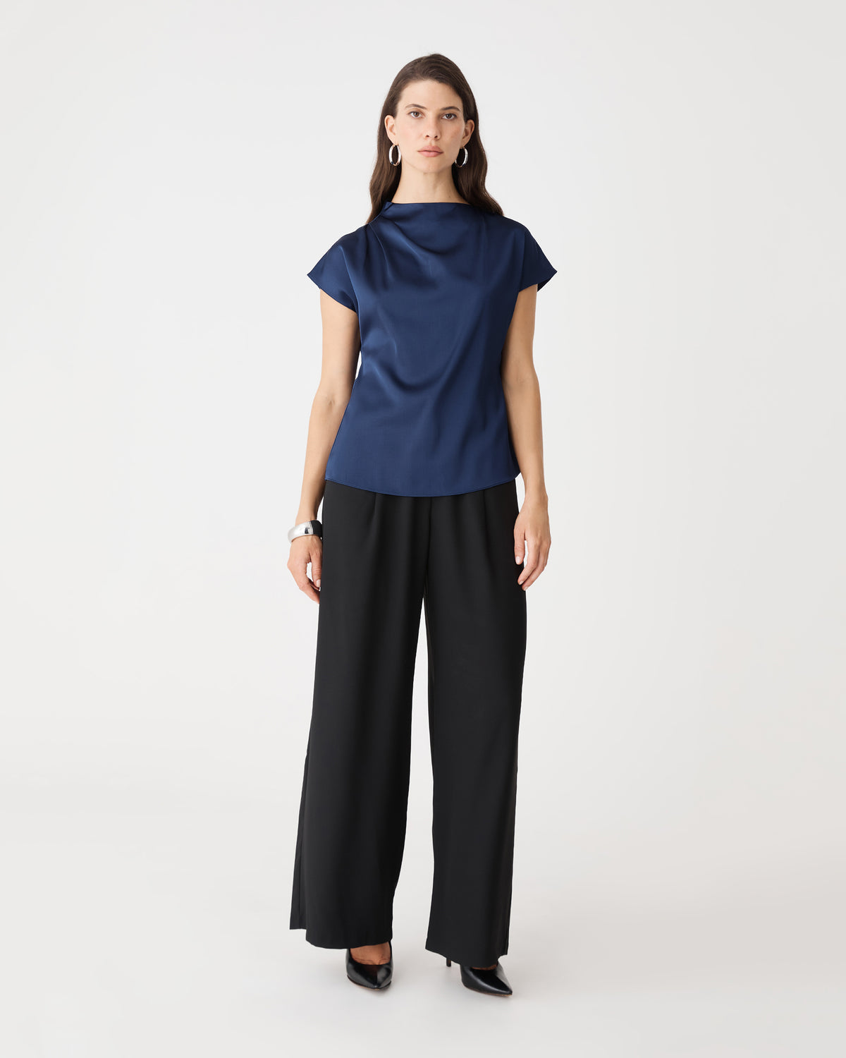 Zafina Pleated Draped Top in navy, front view worn with black wide-leg trousers