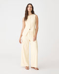 Rylan Longline Button Vest in butter, front view worn with matching wide-leg trousers