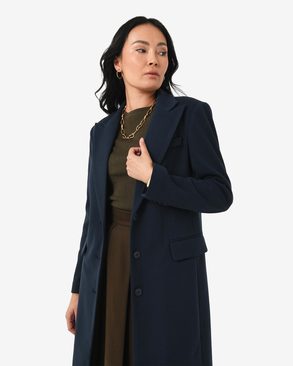 Cassandra Tailored Coat in navy — close-up view 2