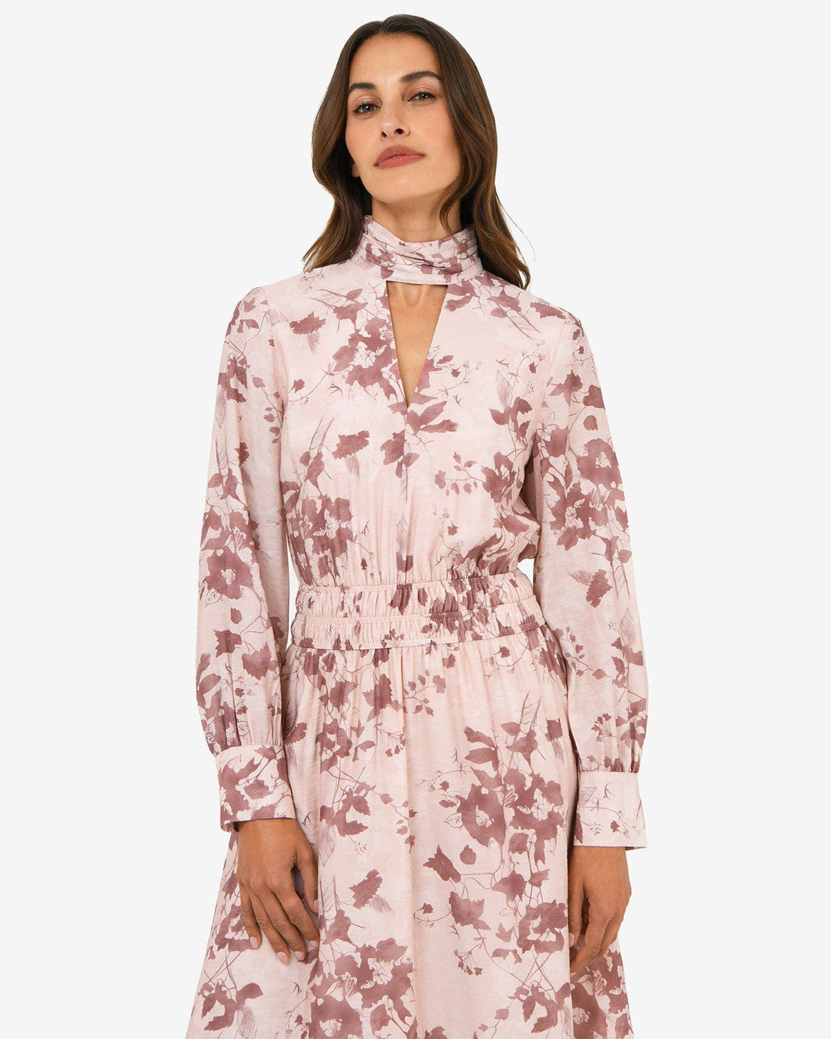 Lesley Tiered Floral Dress in pink floral — close-up view