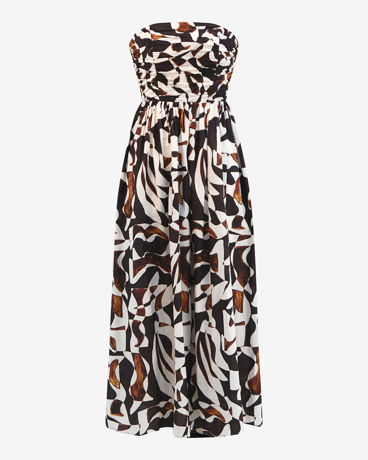 Hazel Printed Strapless Dress in brown retro — product-only view