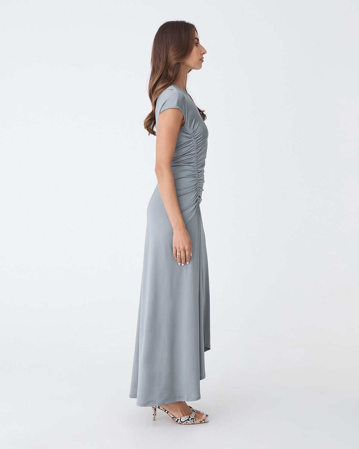 Kim Asymmetric Ruched Dress in pewter — side view