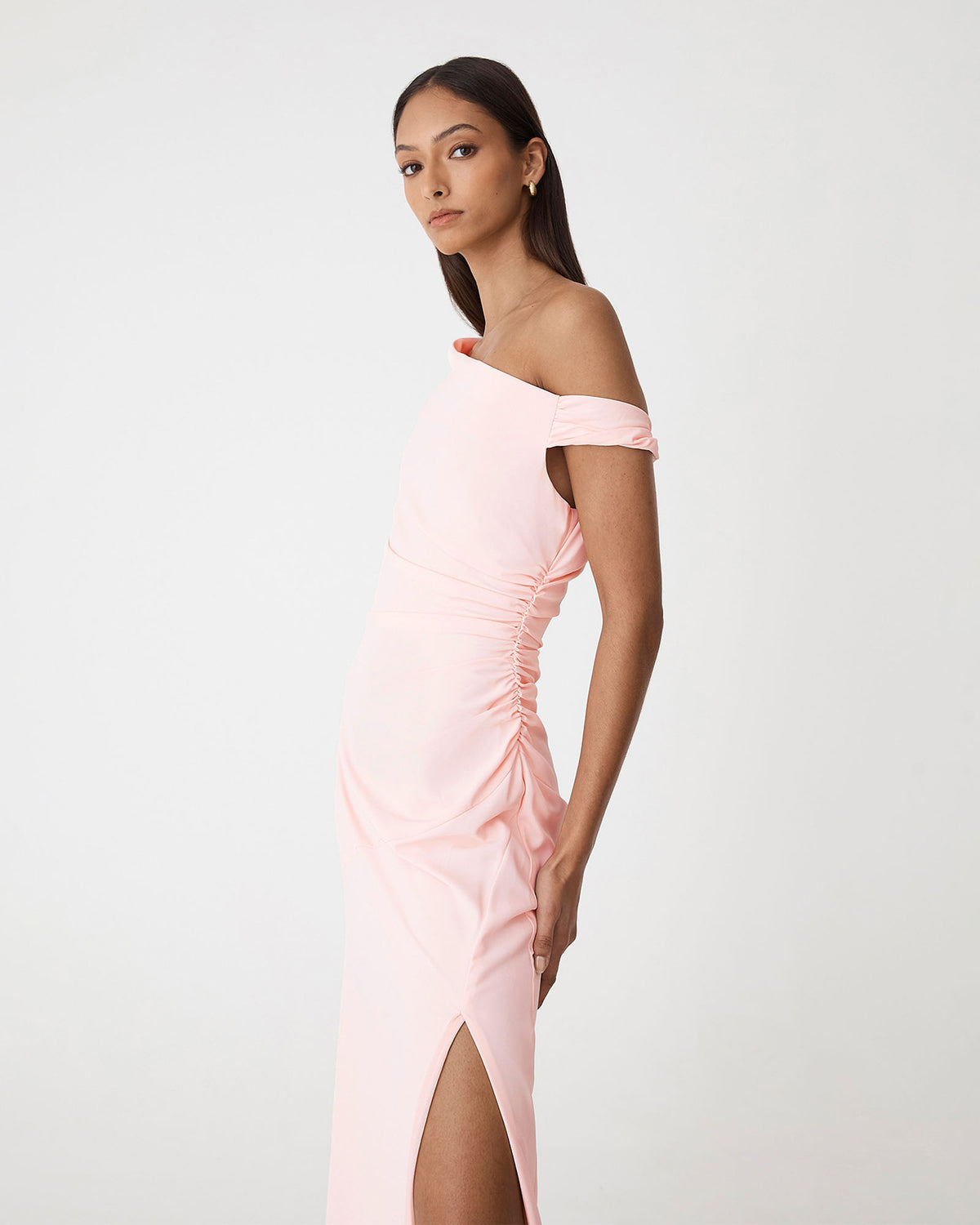Afina One Shoulder Twist Dress in soft pink — side view