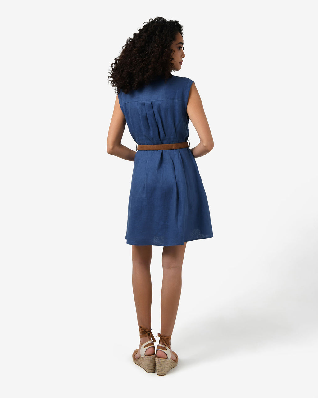 Ami Linen Mini Beach Dress in egyptian blue — back view