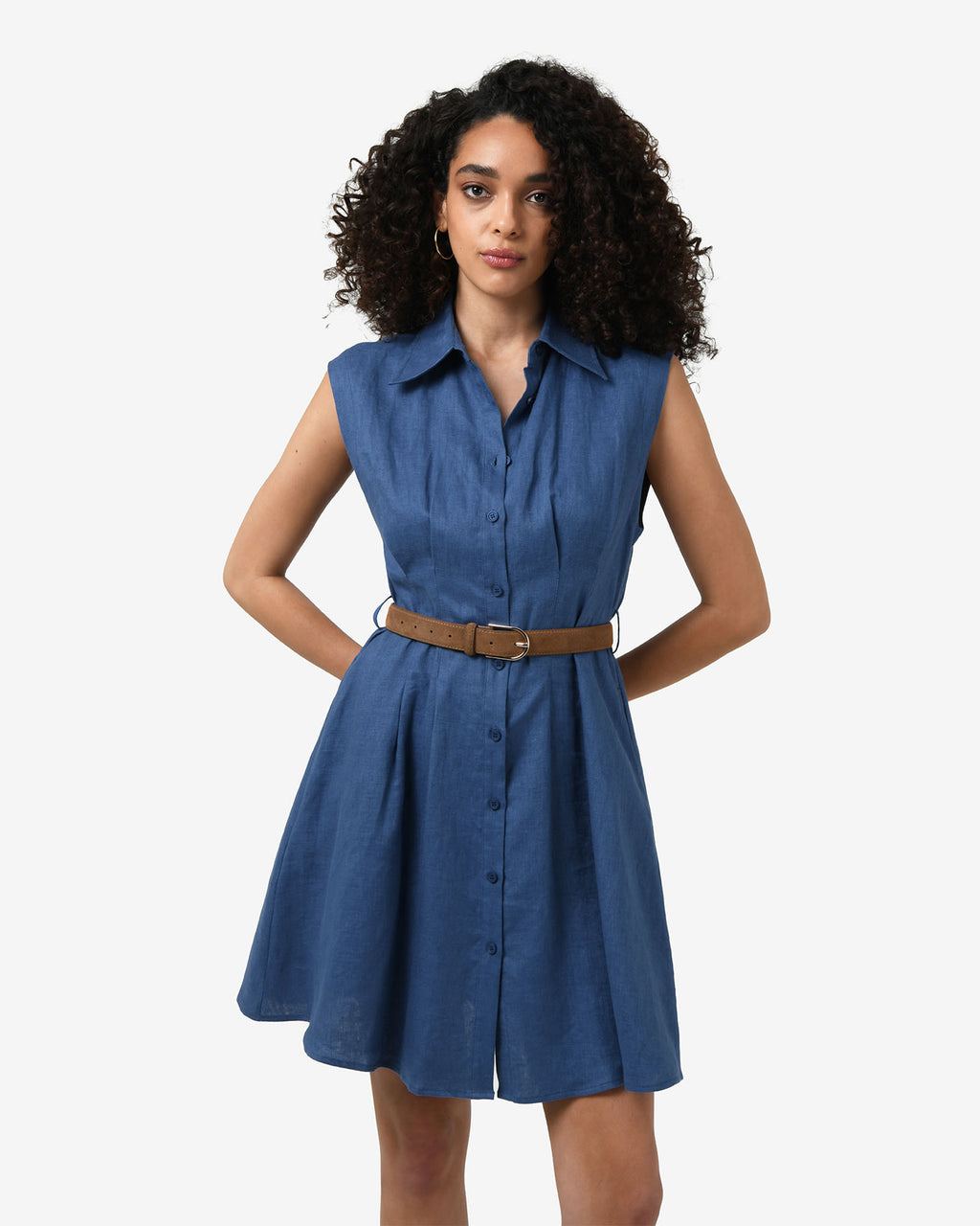 Ami Linen Mini Beach Dress in egyptian blue — close-up view