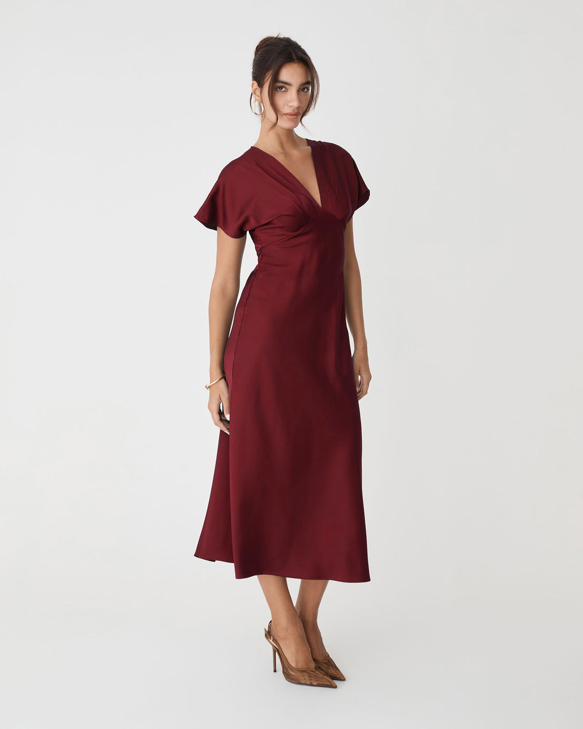 Catalina V-Neck Satin Dress in deep red — full-length view 2