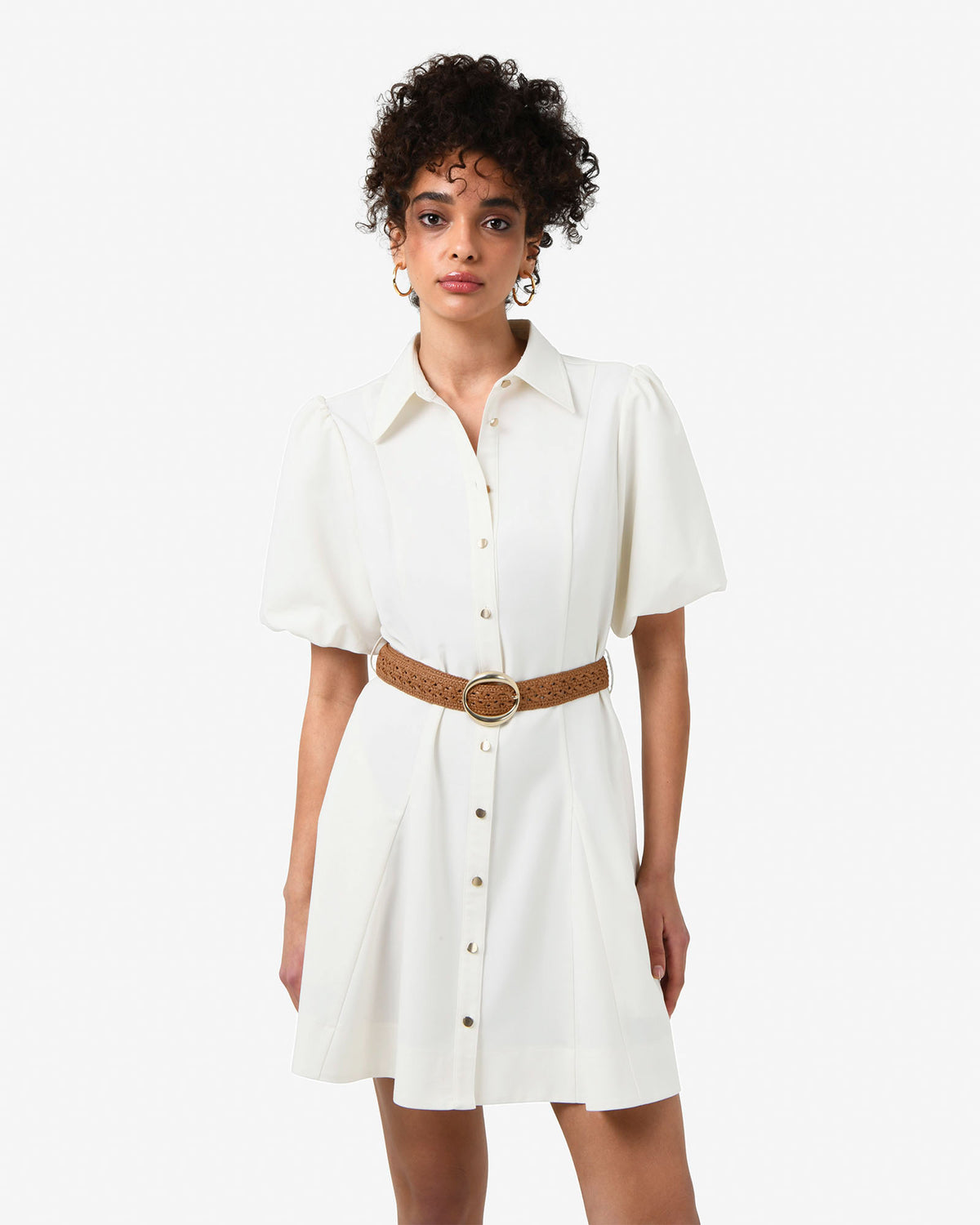 Amera Belted Mini Dress in tofu — close-up view