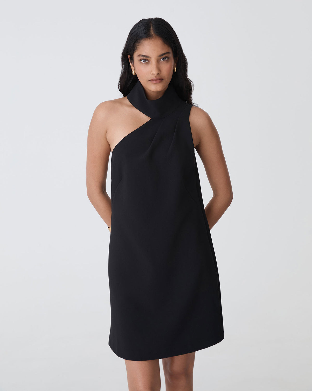 Lydia One Shoulder Mini Dress in black — close-up view