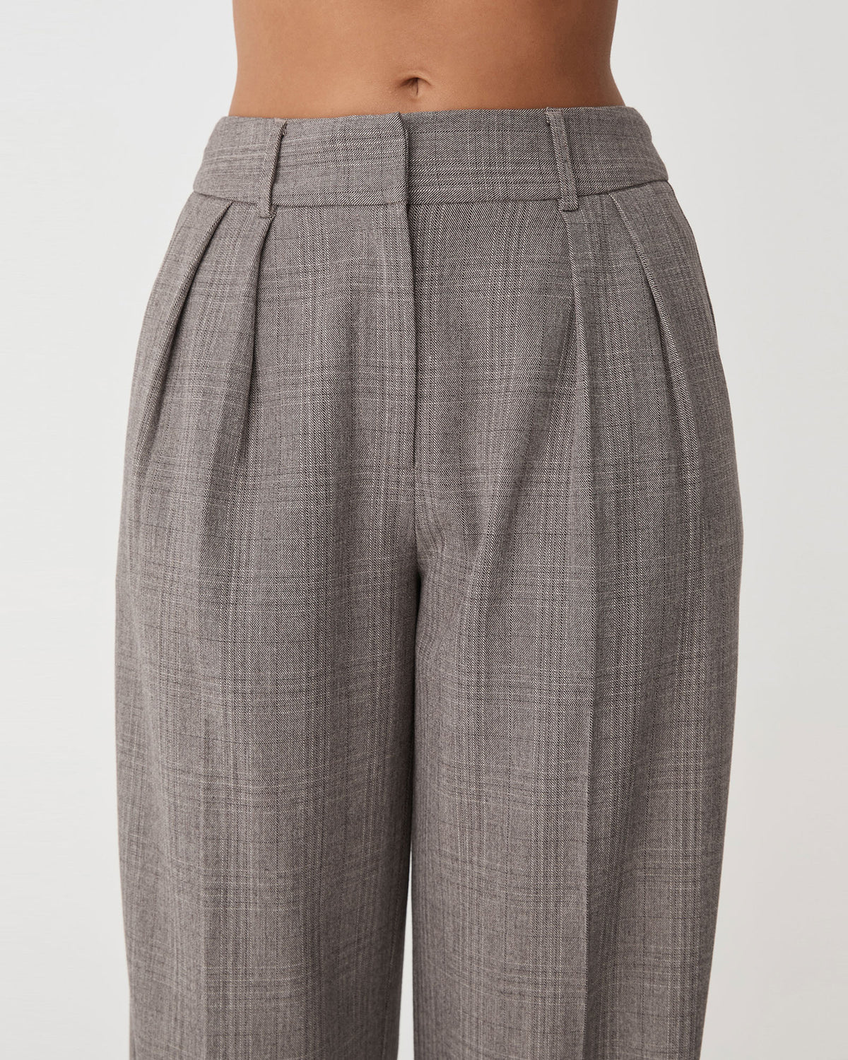 Loretta Pleated Check Pants in latte check — fabric detail