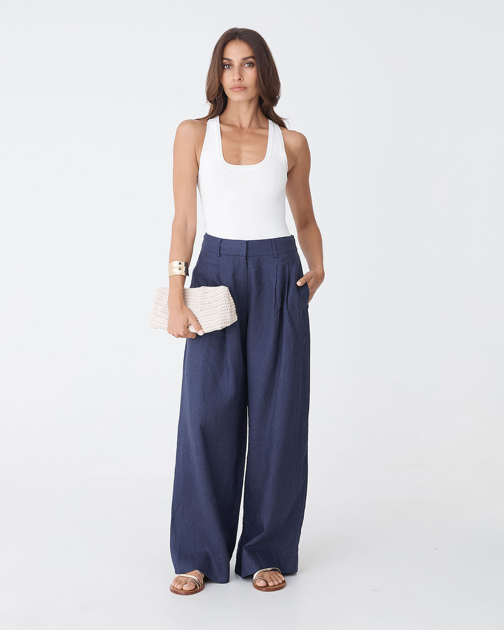 Ami Wide Leg Linen Pants in wash navy — full-length view 2