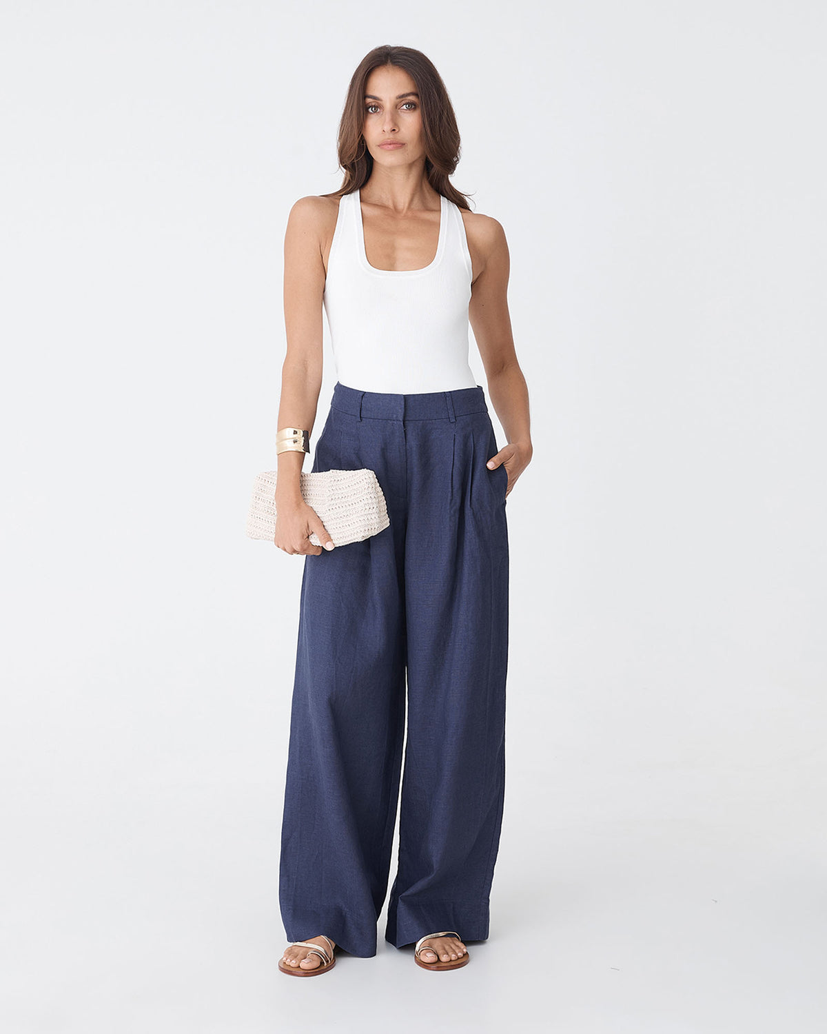 Ami Wide Leg Linen Pants in wash navy — full-length view 2