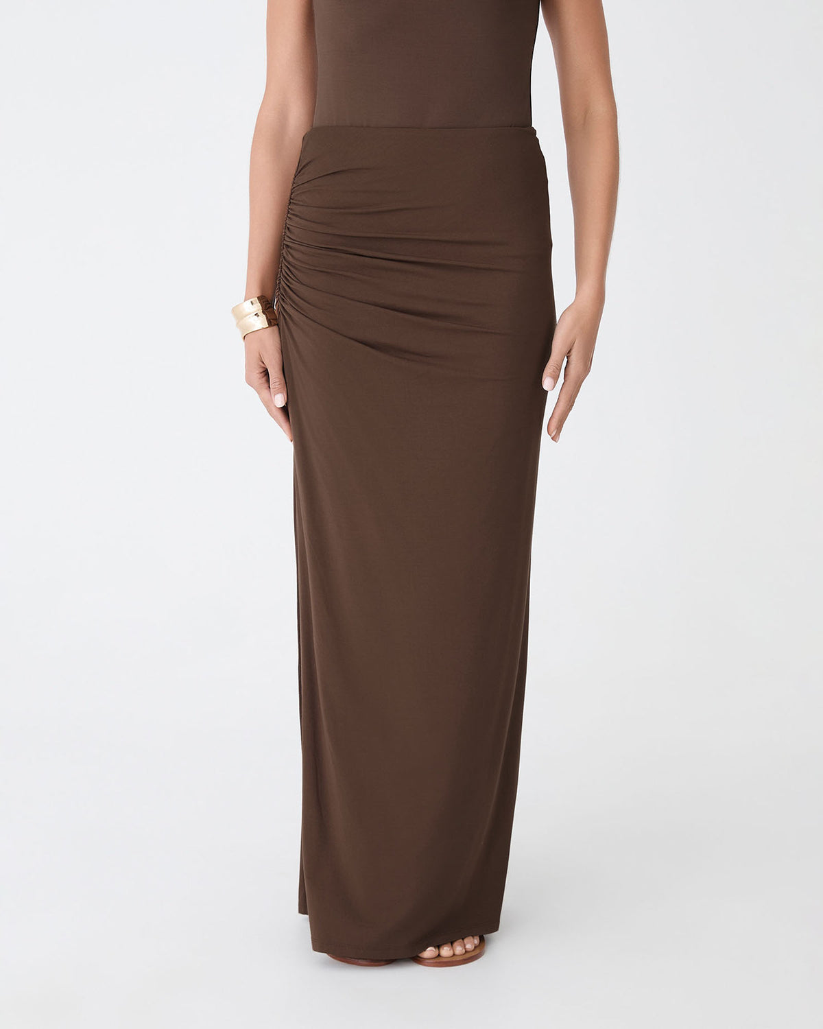 Kirsty Bamboo Ruched Skirt in espresso — close-up view