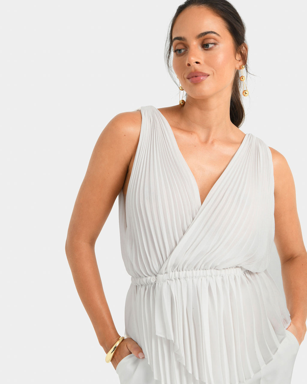 Arina Pleated Top in vanilla — close-up view