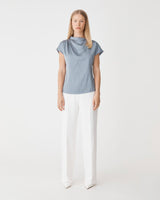 Zafina Pleated Draped Top in oyster blue — full-length view