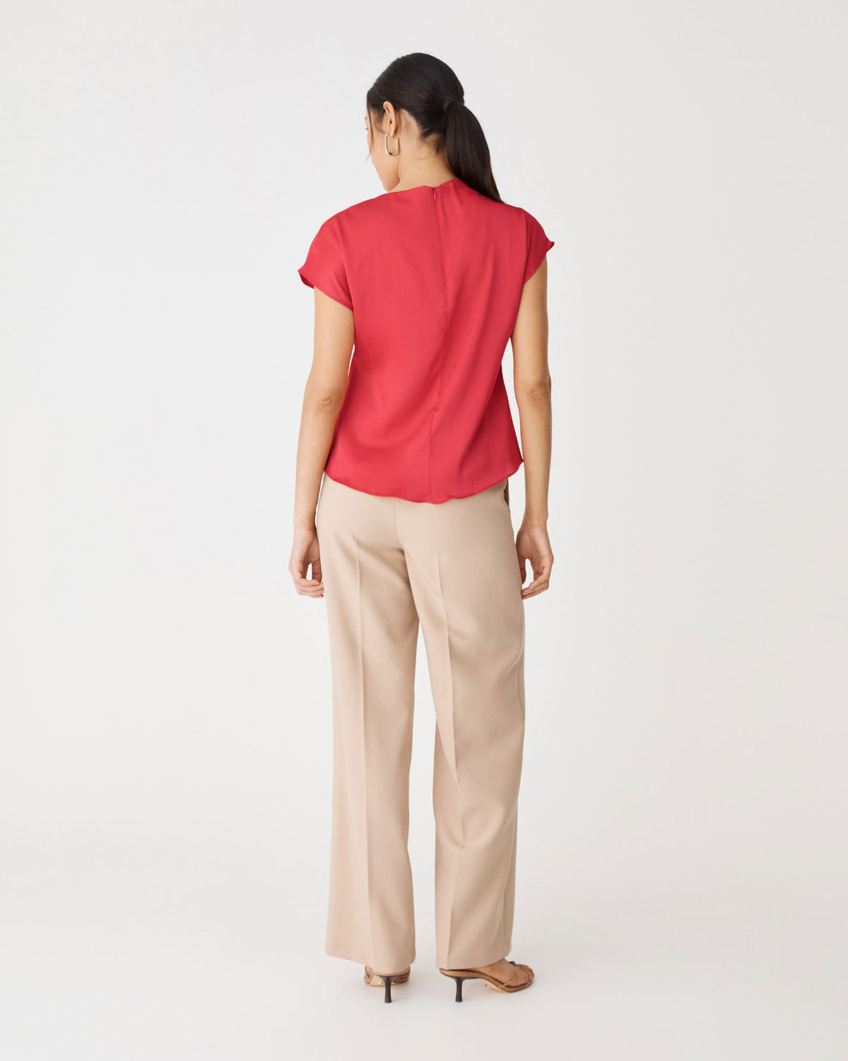 Zafina Pleated Draped Top in scarlet — back view