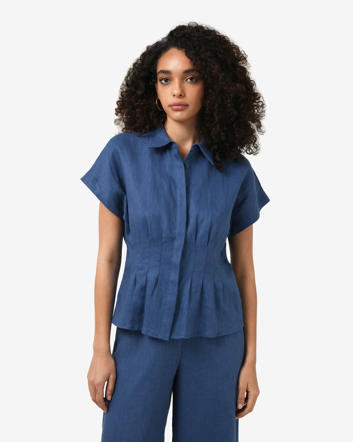 Ami Linen Pleated Tuck Shirt in egyptian blue — close-up view