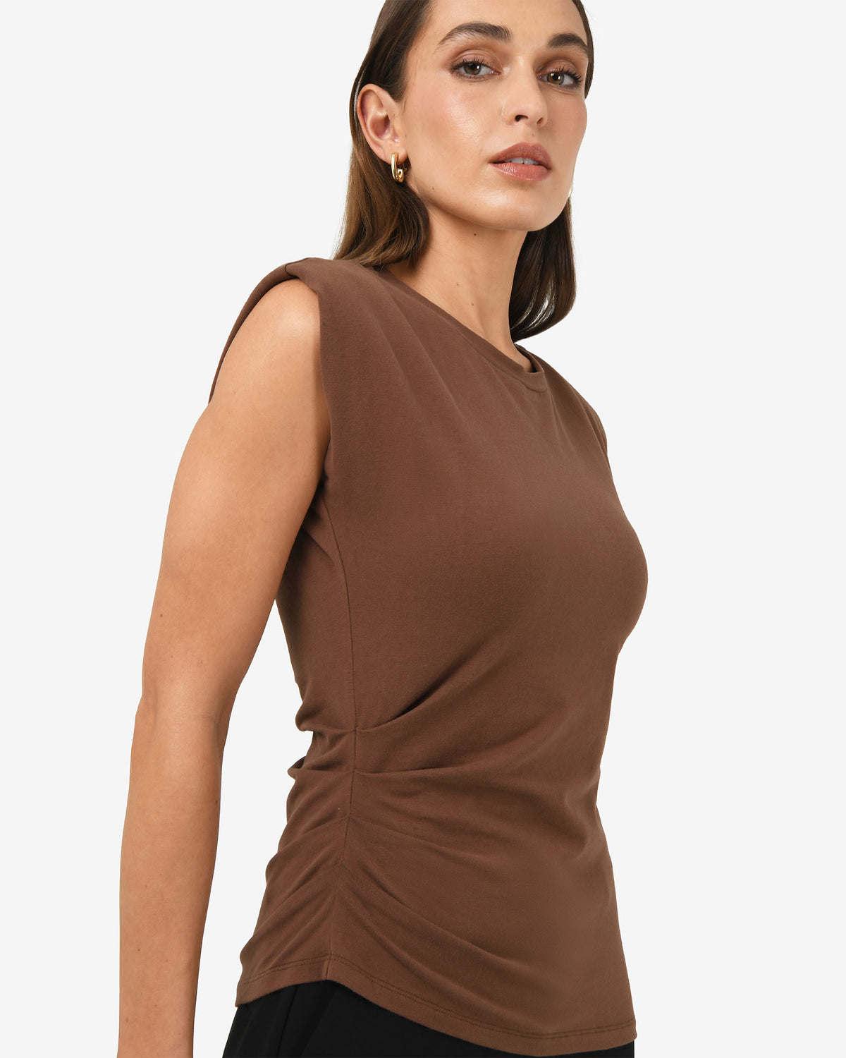 Sarah Padded Ruched Jersey Top in chocolate — side view
