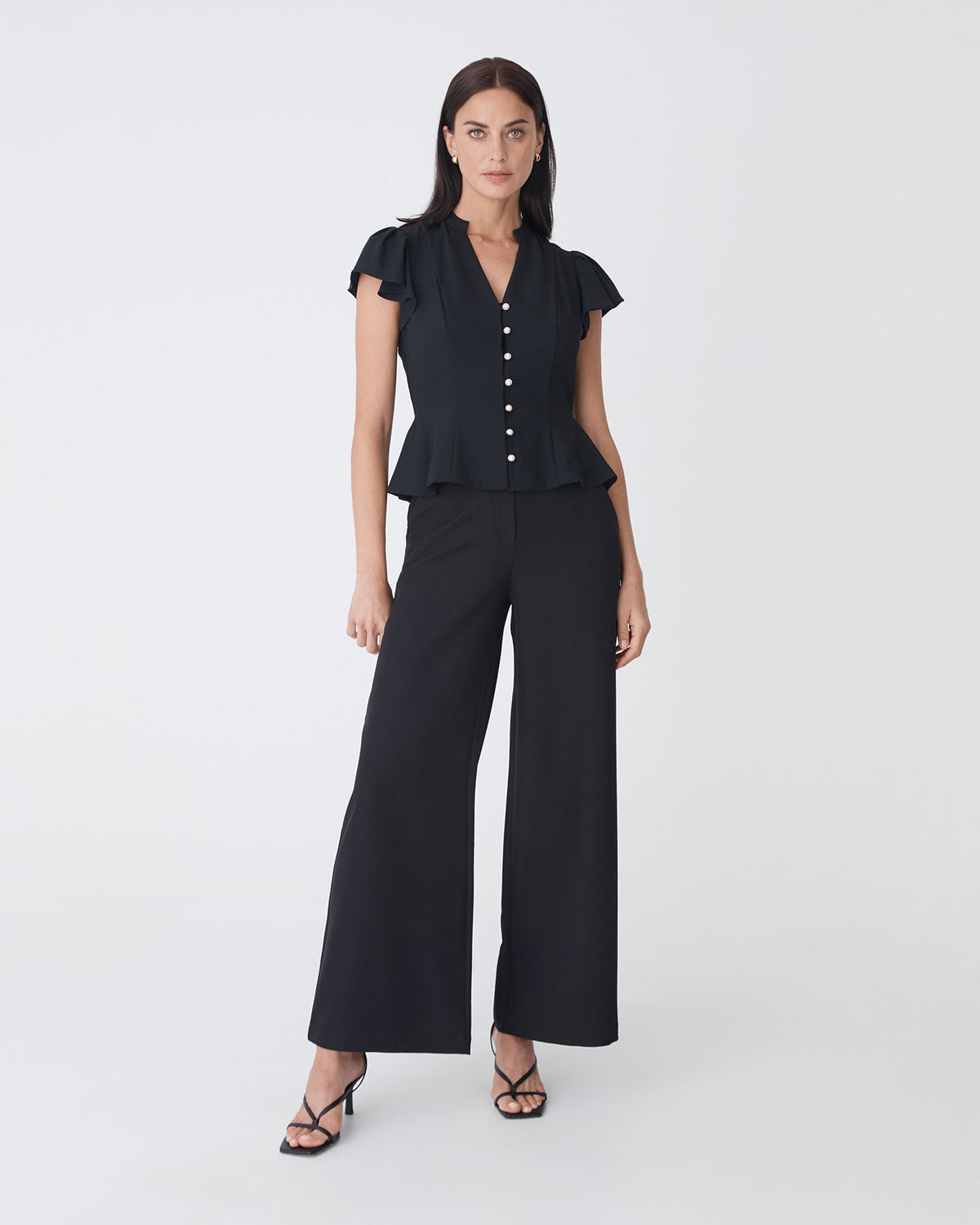 Carissa Gathered Sleeve Top in black — full-length view