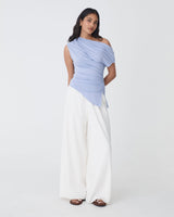 Keeley Bamboo Split Hem Top in light blue — full-length view