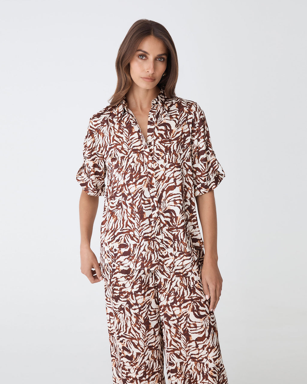 Zuhara Roll Cuff Shirt in brown zebra — close-up view 2