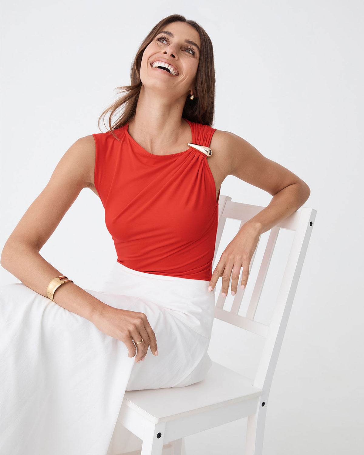 Kirsty Bamboo Ruched Top in vermillion — close-up view 2