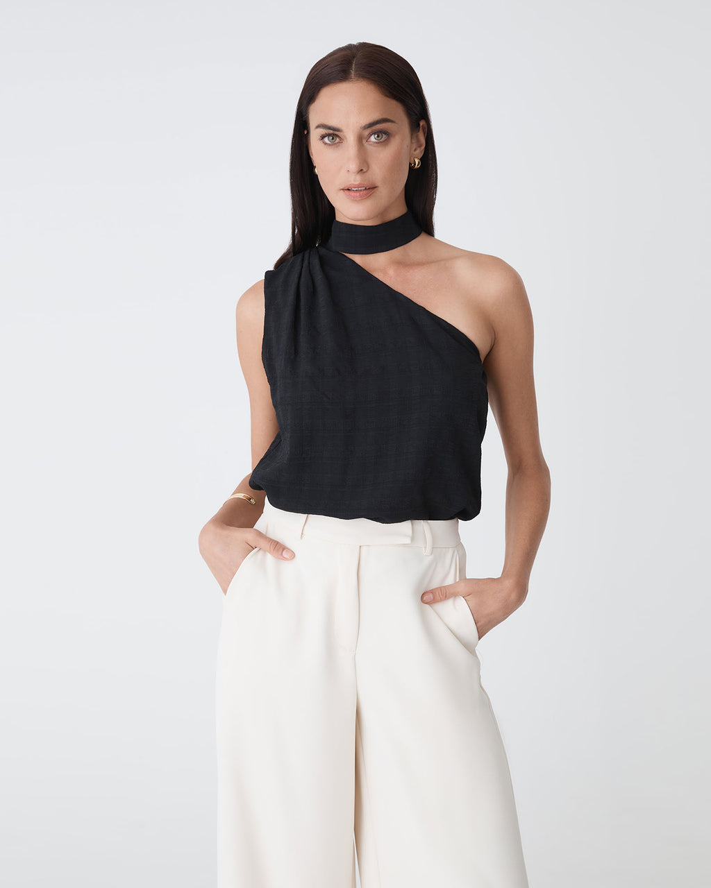 Ashlyn One Shoulder Top in black — close-up view