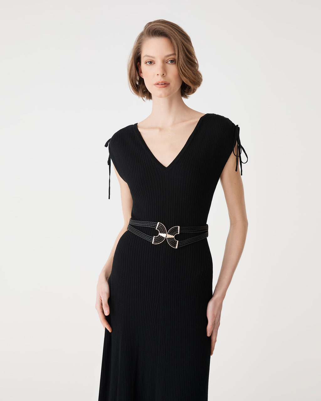 Briony Lyocell Rib Knit Dress in black — fabric detail