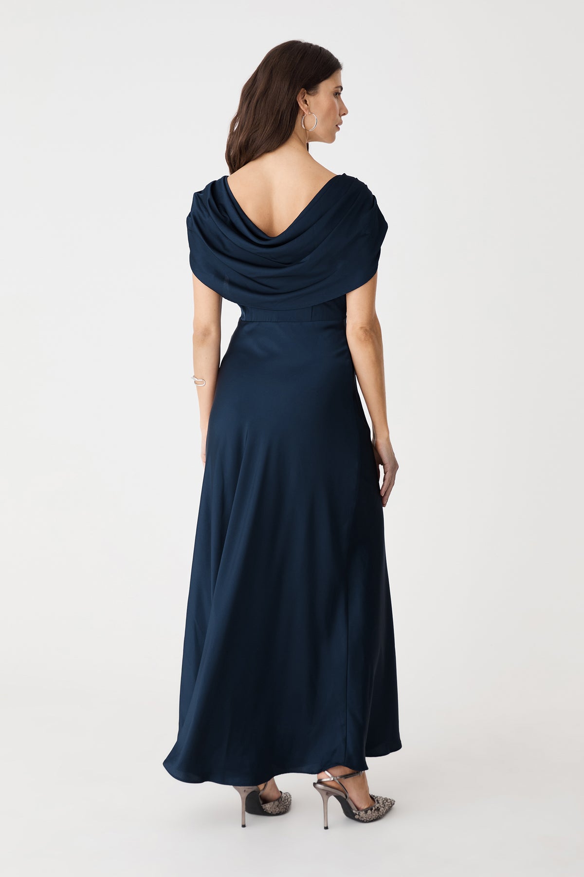 Back view showing the low cowl back of the Midnight satin maxi dress