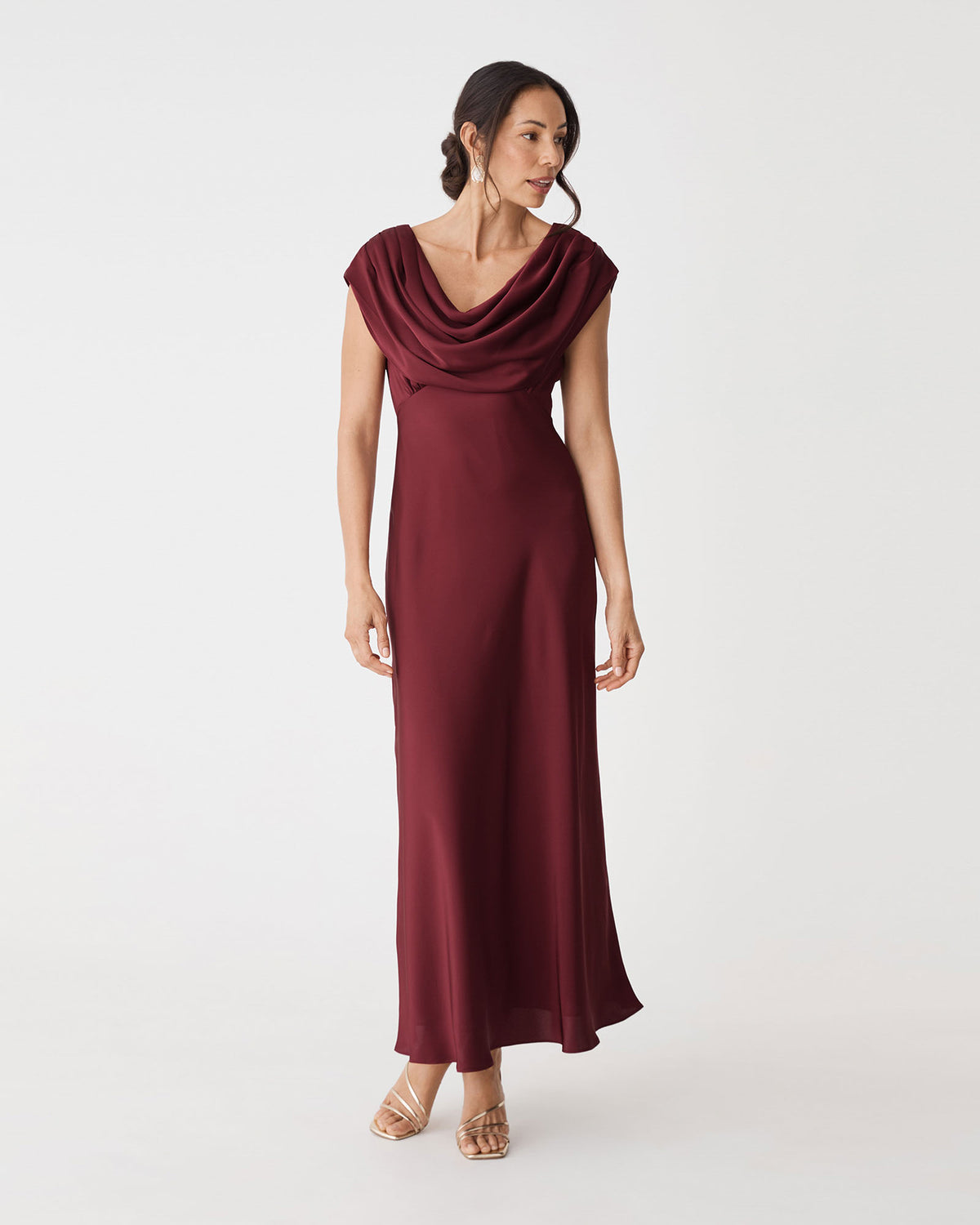 Caroline Cowl Satin Dress in rhubarb — fabric detail