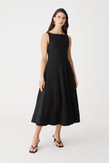 Sally Panel Midi Dress in black, front view, sleeveless with boat neckline and flared skirt
