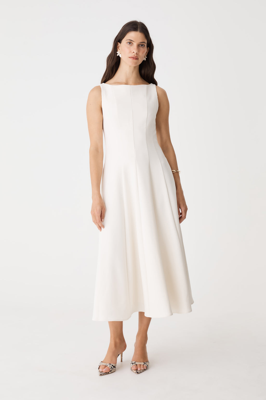 Sally Panel Midi Dress in cream, front view with boat neckline and flared midi skirt