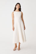 Sally Panel Midi Dress in cream, front view with boat neckline and flared midi skirt