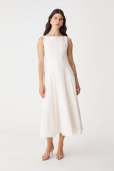Sally Panel Midi Dress in cream, front view with boat neckline and flared midi skirt