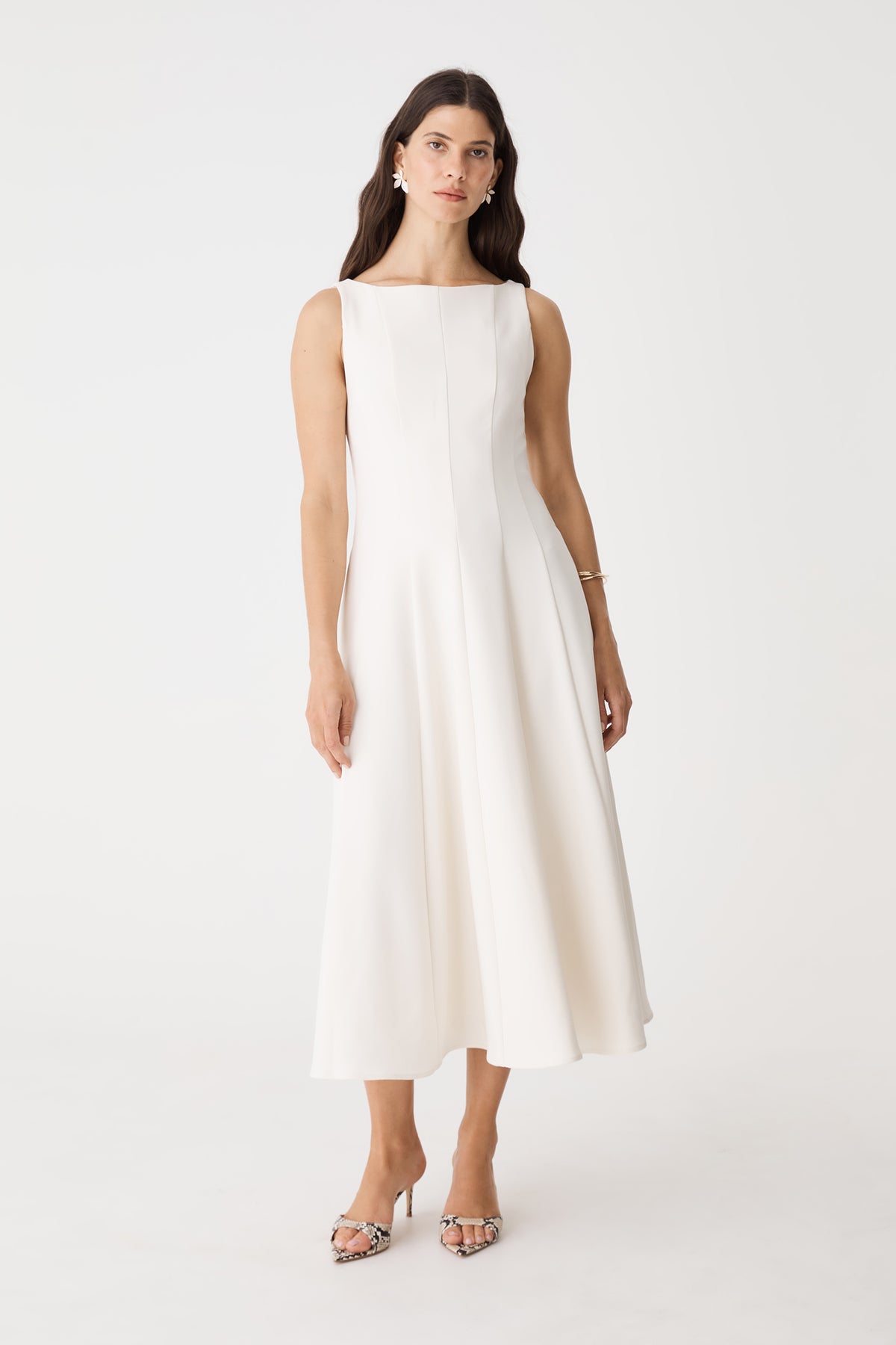 Sally Panel Midi Dress in cream, front view with boat neckline and flared midi skirt
