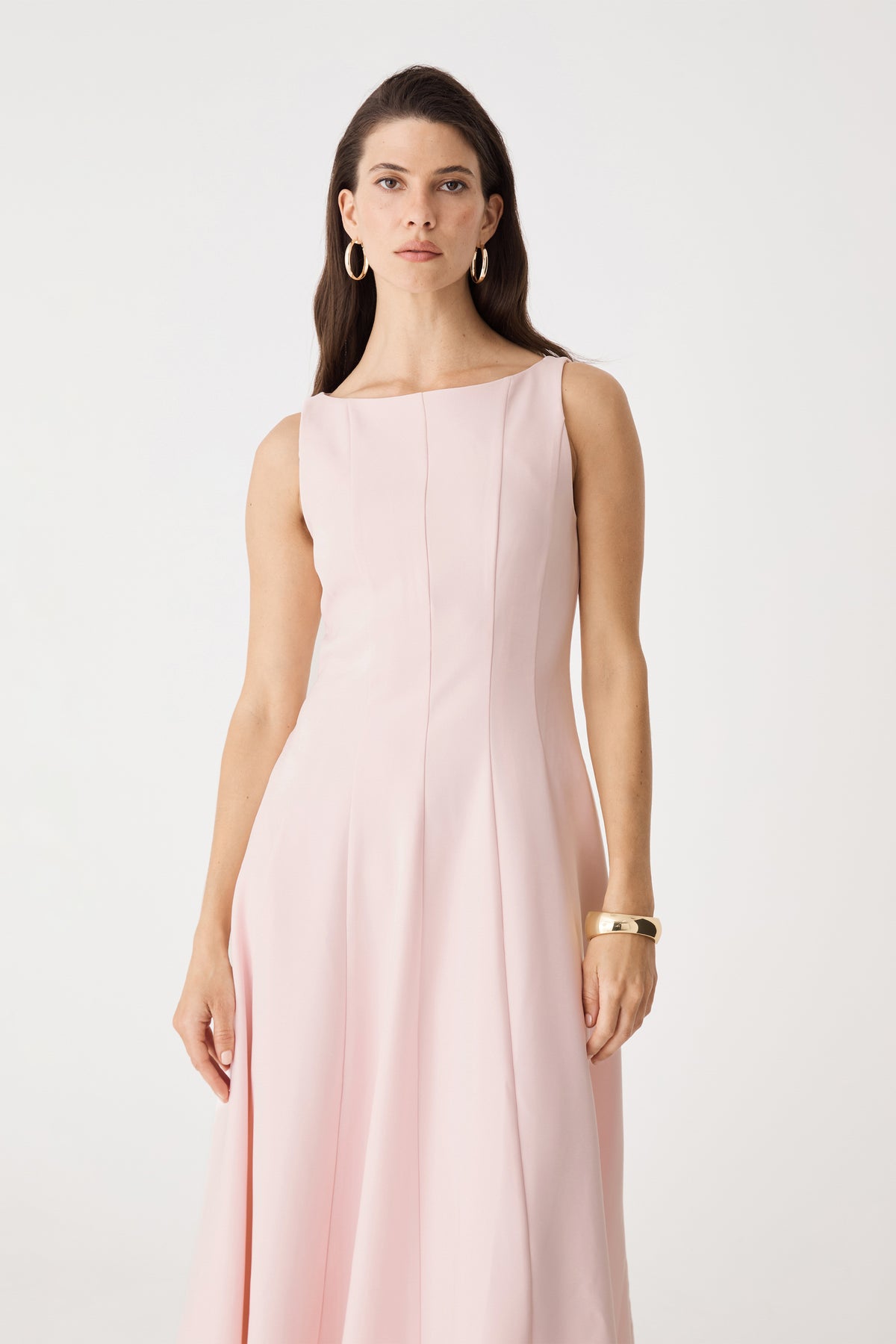 Close-up of Sally Panel Midi Dress in Fairy Floss pink showing boat neckline and bodice panel seams