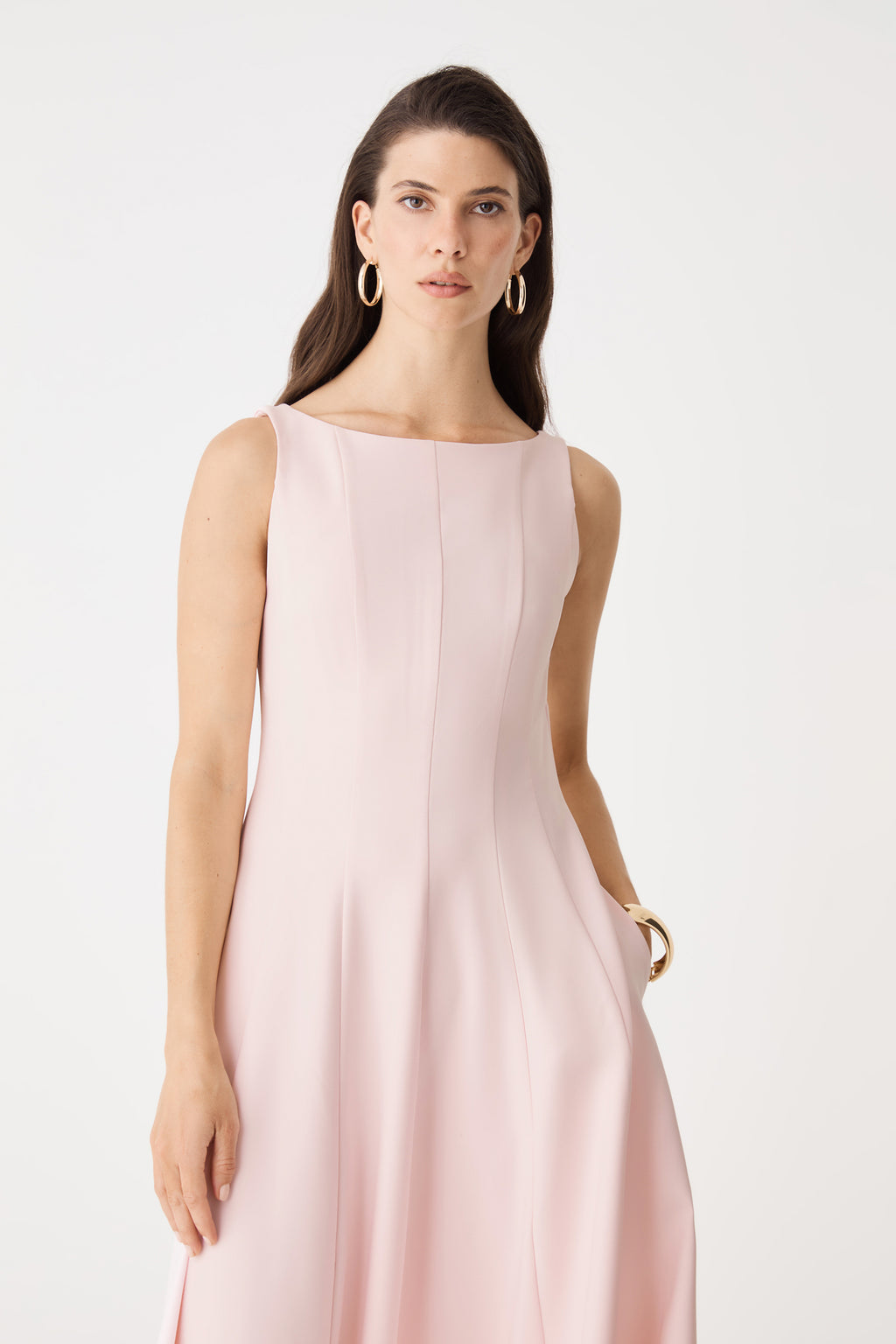 Front detail of the sleeveless bodice and waist seams in Fairy Floss pink